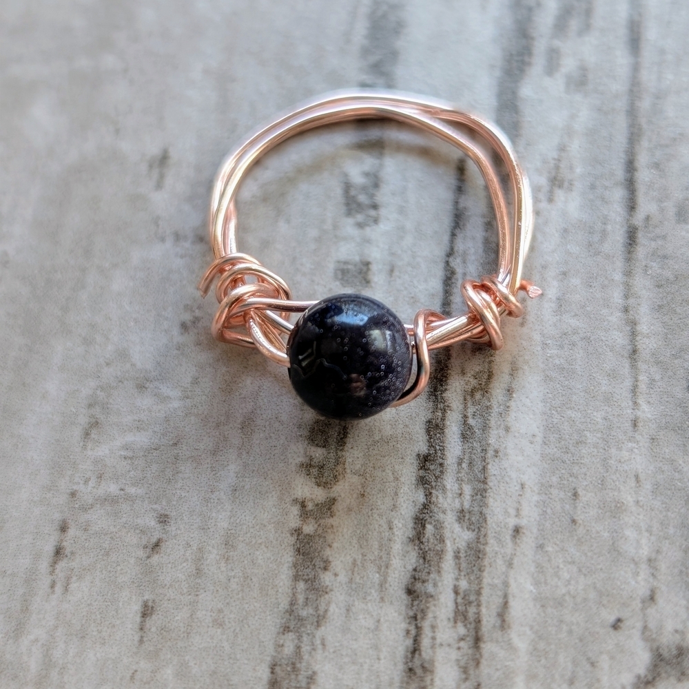 Elegant Blue Sandstone and Rose Gold Wire Wrapped Ring